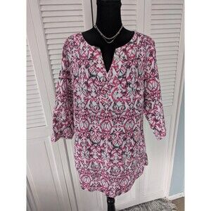 Lane Bryant Tunic Womens 14/16W Pink White Embroider 3/4 Sleeve Linen Blend Top